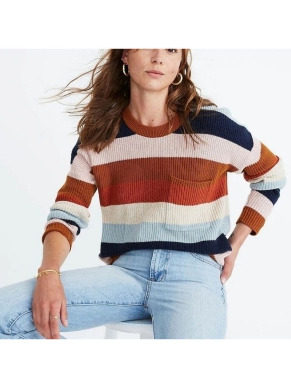 Madewell Thompson Pocket Pullover Sweater in Rainbow Stripe.